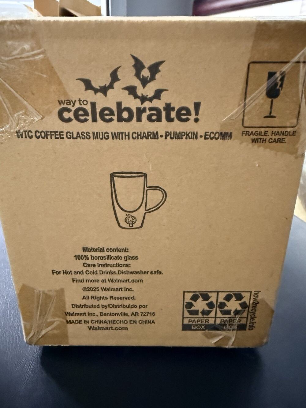 Way To Celebrate 11.5oz Double Wall Glass Pumpkin Mug w/ Charm Inside | New Box